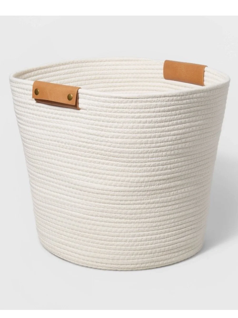 Container Store Natural Cream Rope Storage Basket with Tan Faux Leather Handles